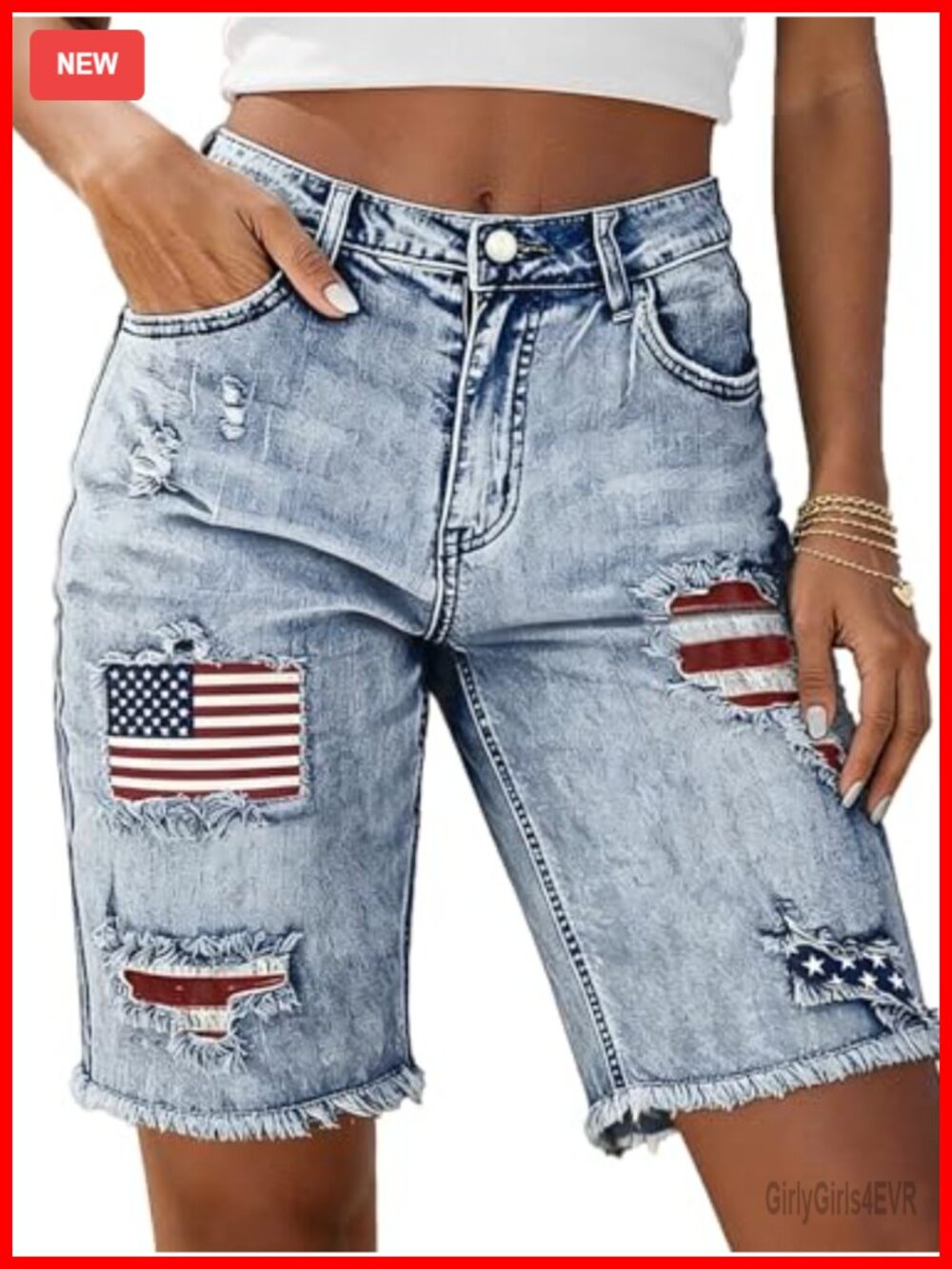 Mid Rise Denim Bermuda American Flag Patched Ripped Raw Hem Shorts